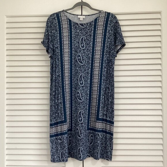 J Jill Dress Blue Floral/Paisley Dress Size M Short Sleeve Stretch Casual Cottag - Picture 2 of 11